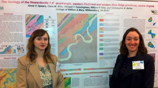 Anna Spears ('15) and Ciara Mills ('15) presenting a poster of their research at the 2015 Southeastern Section Geological Society of America Meeting. Many William & Mary Geology students present their research at professional meetings.